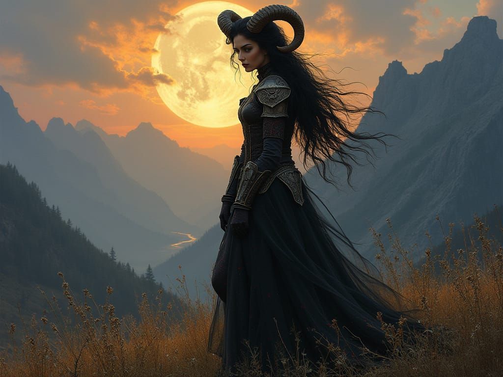 Ethereal Dark Fantasy Warrior Emerges at Moonrise
