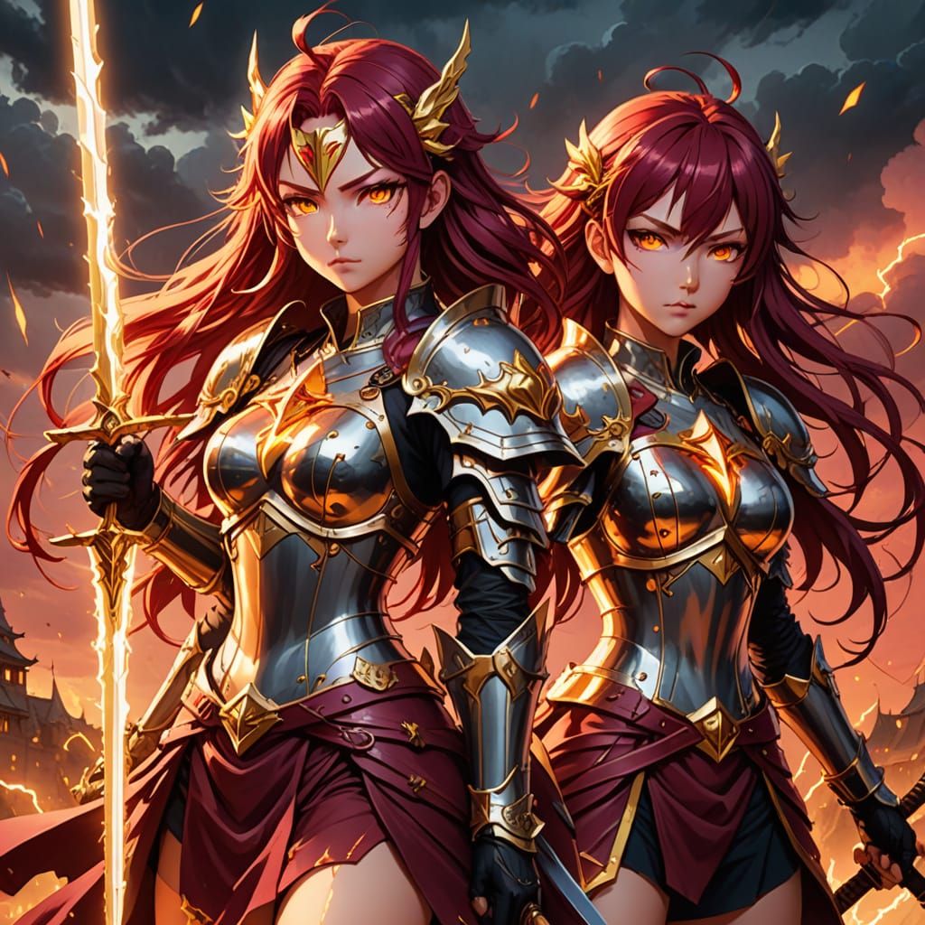 Anime Warrior with Red Lightning and Flowing Hair