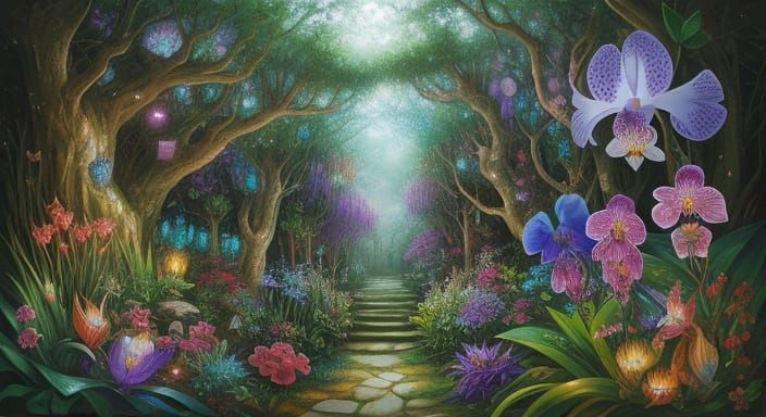 Whimsical Magical Gardener in an Enchanted Orchid Grove