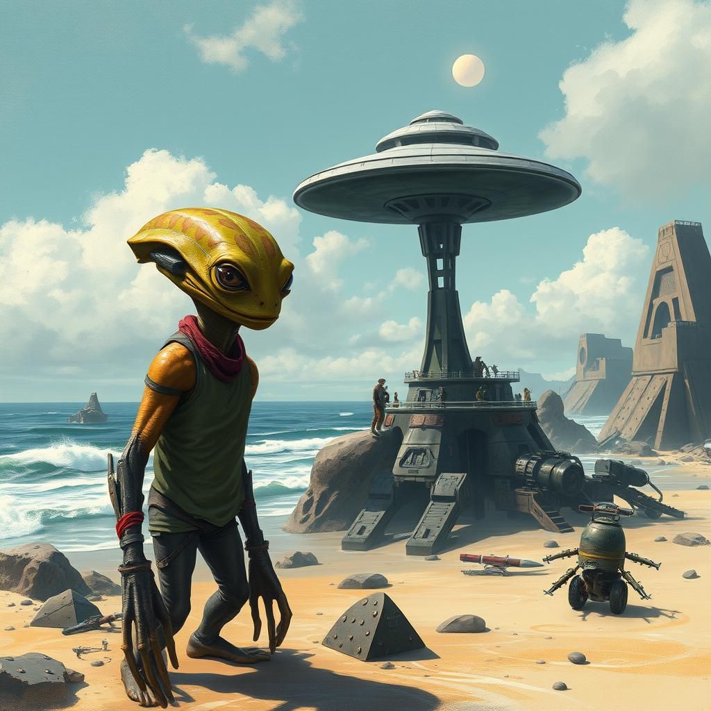 Alien Frog Man and UFO on Seashore