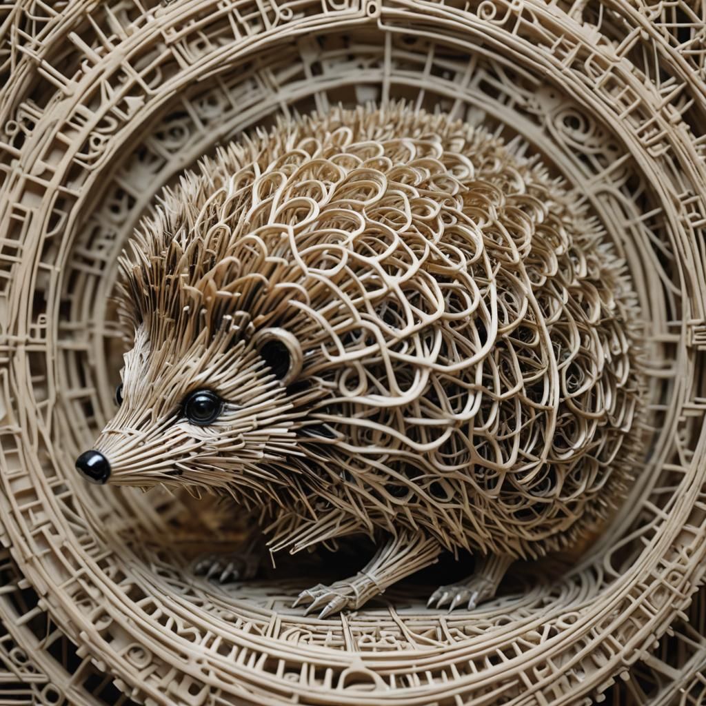 String Hedgehog Gazing at Runes in Cubist-Futurist Style