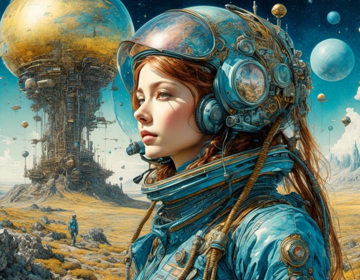 Space Explorer on Alien Planet as Watercolor