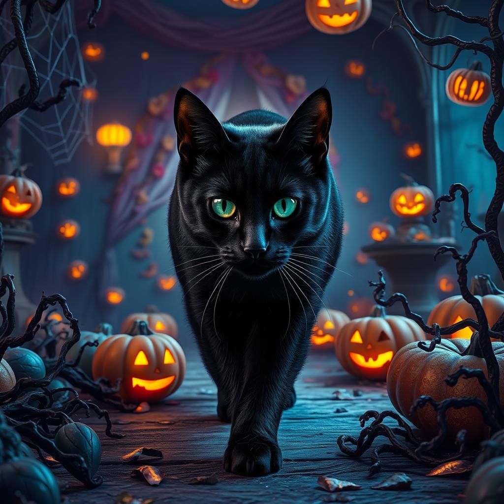 Majestic Black Cat in Halloween Scene, Matte Painting