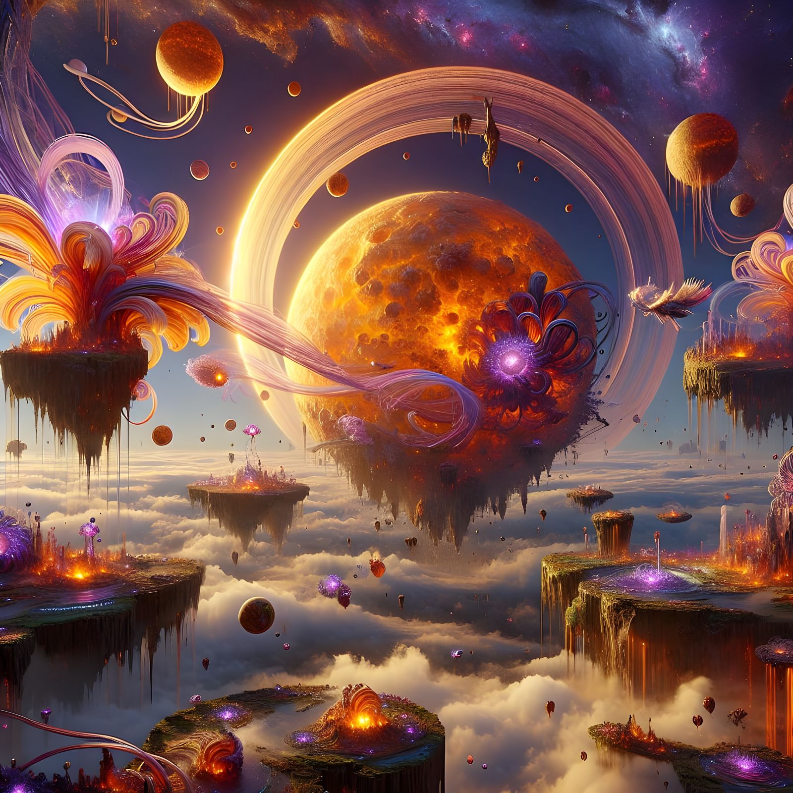 Floating Islands Orbit Molten Gold Sun Fantasy Art