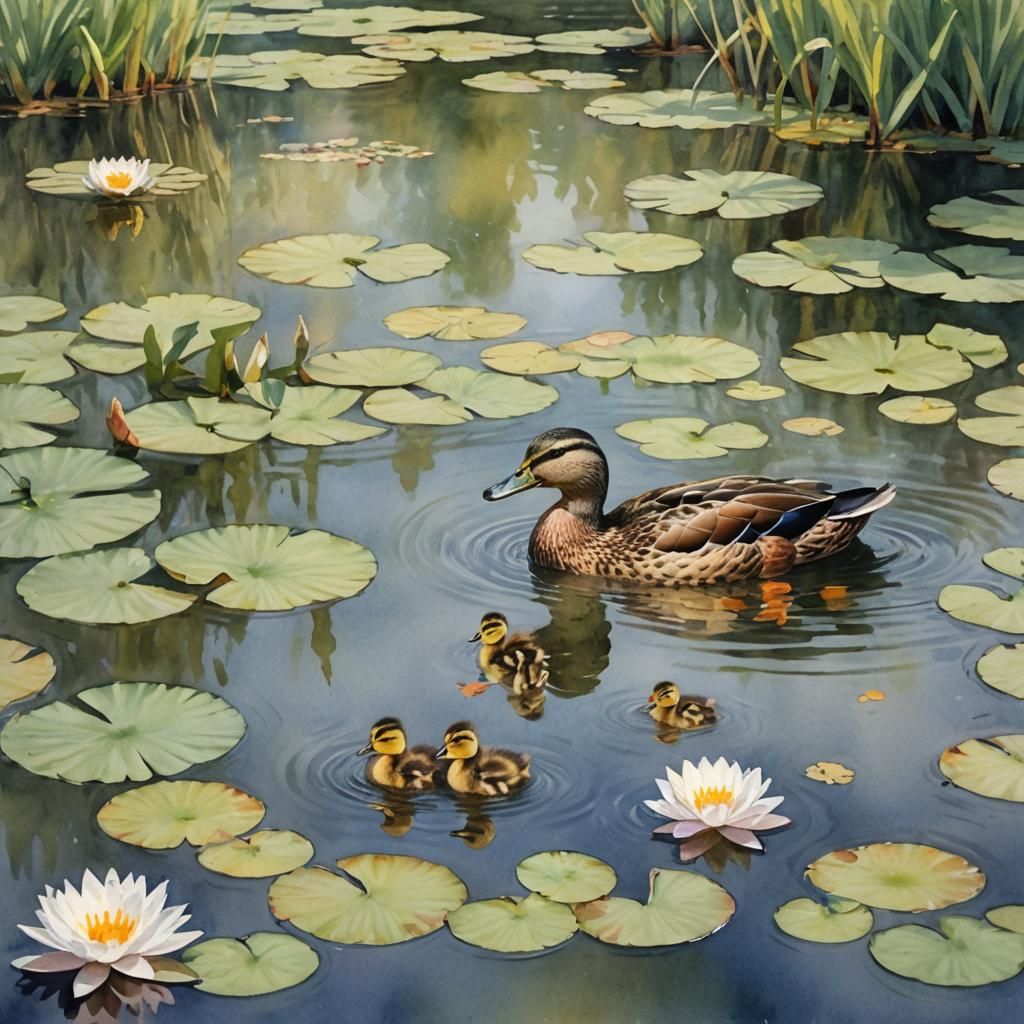 Mother Duck and Ducklings in Impressionist Watercolor
