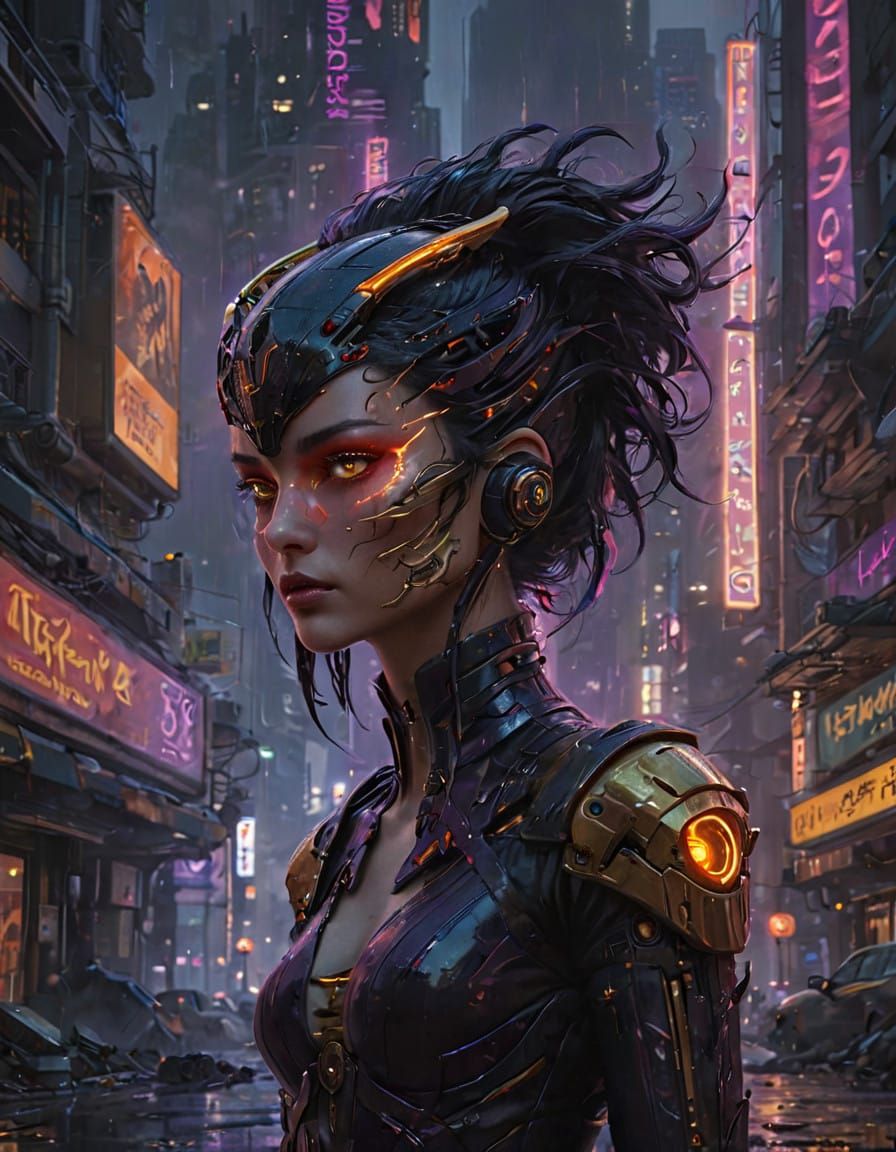 Cyberpunk Queen Infernia in Neon-Lit Majesty