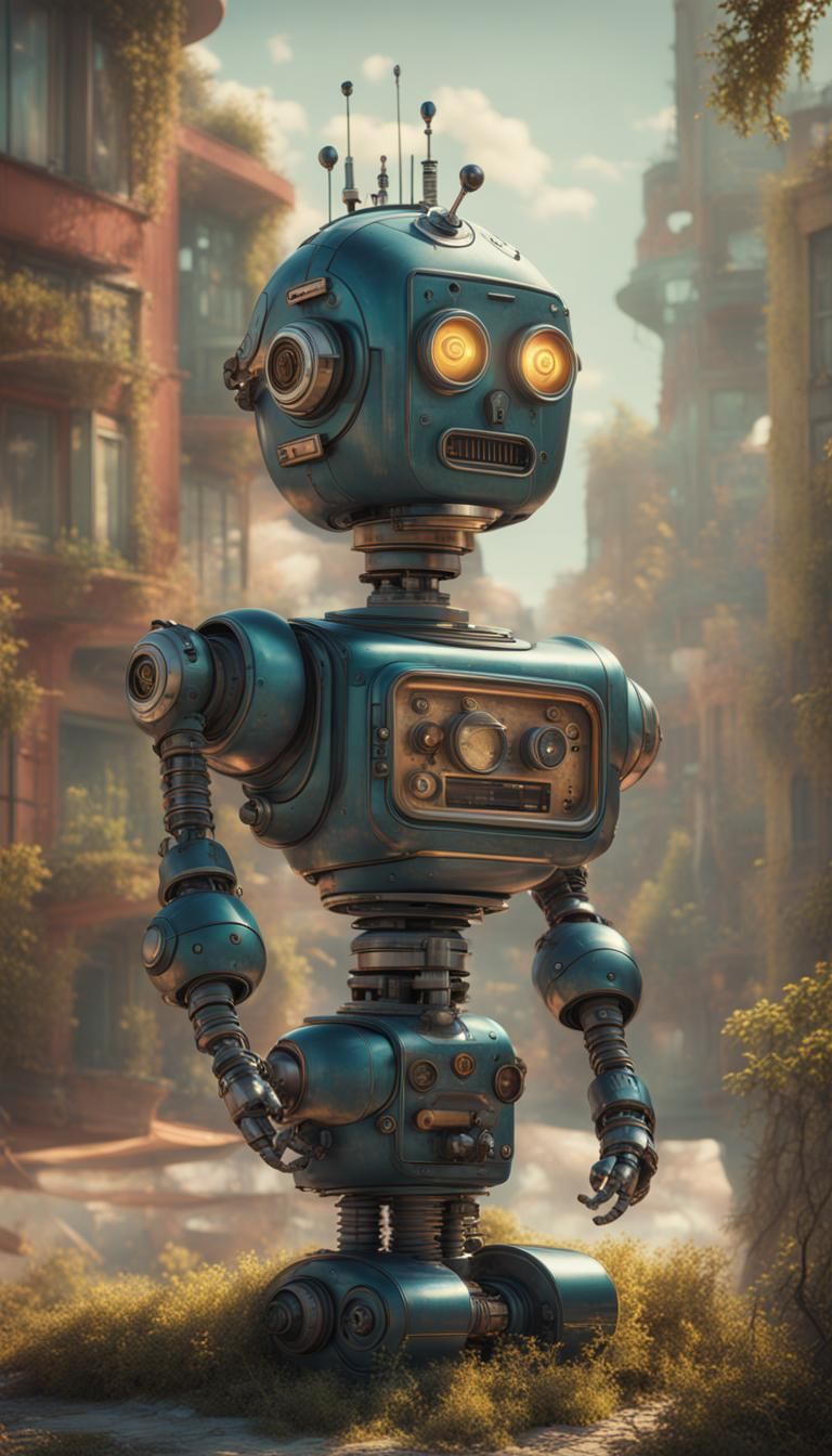 Robot Thinking in Retro Colored Matte Painting