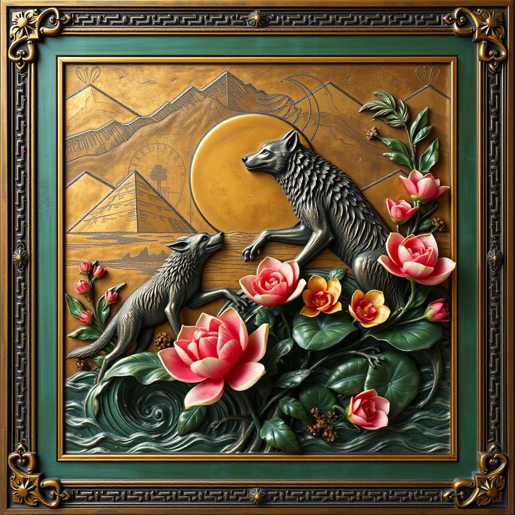 Egyptian Wolves in Lavish 3D Patina Carving with Bronze Fram...