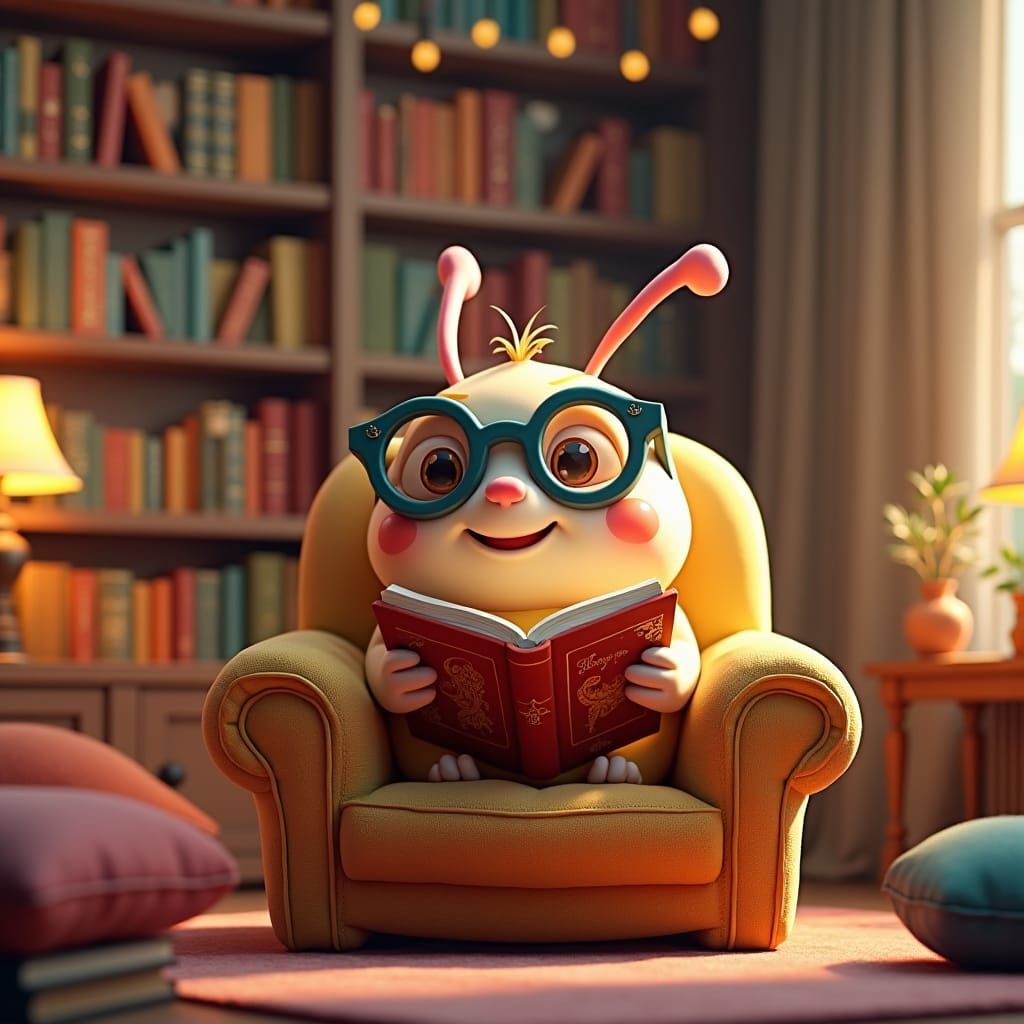 A 3D illustration of an adorable, multicolor bookworm with r...
