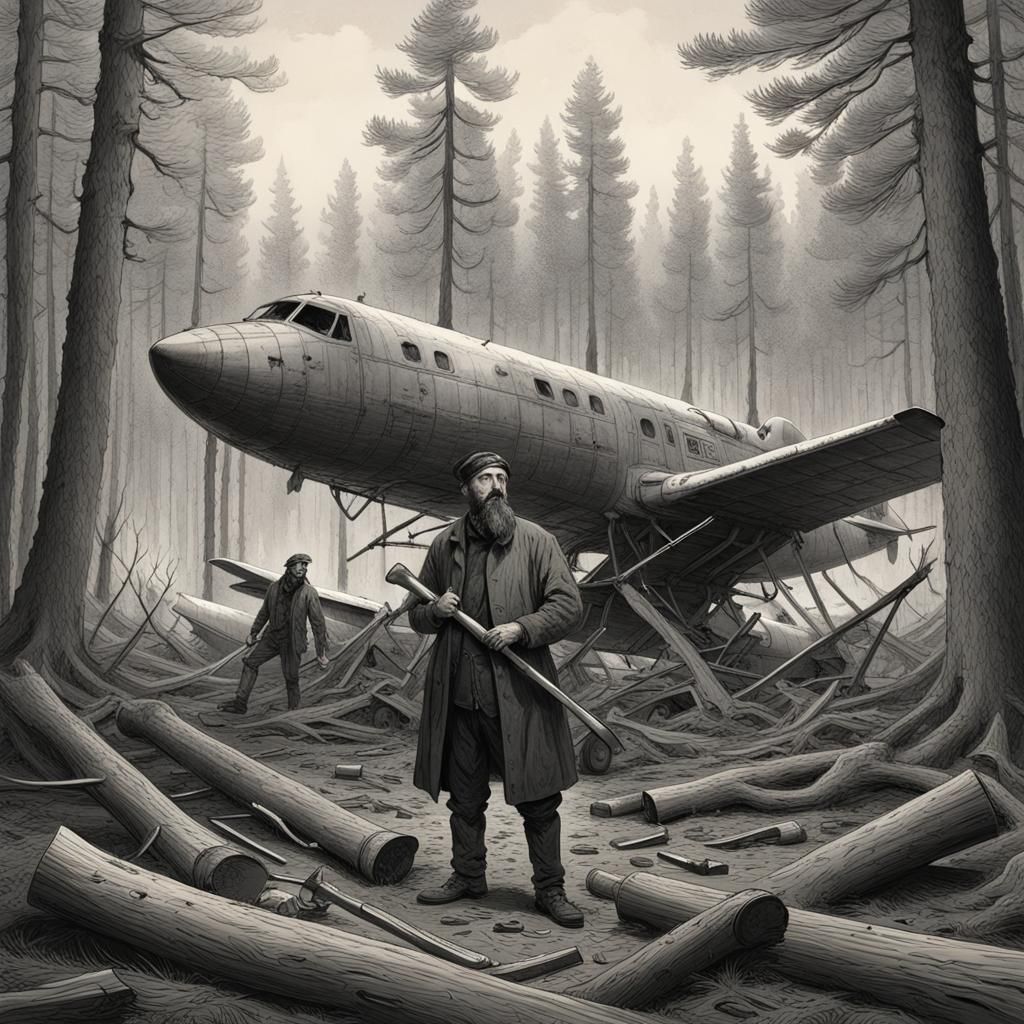 Axe-Wielding Man at a Plane Crash: Doré-Rutkowski Style