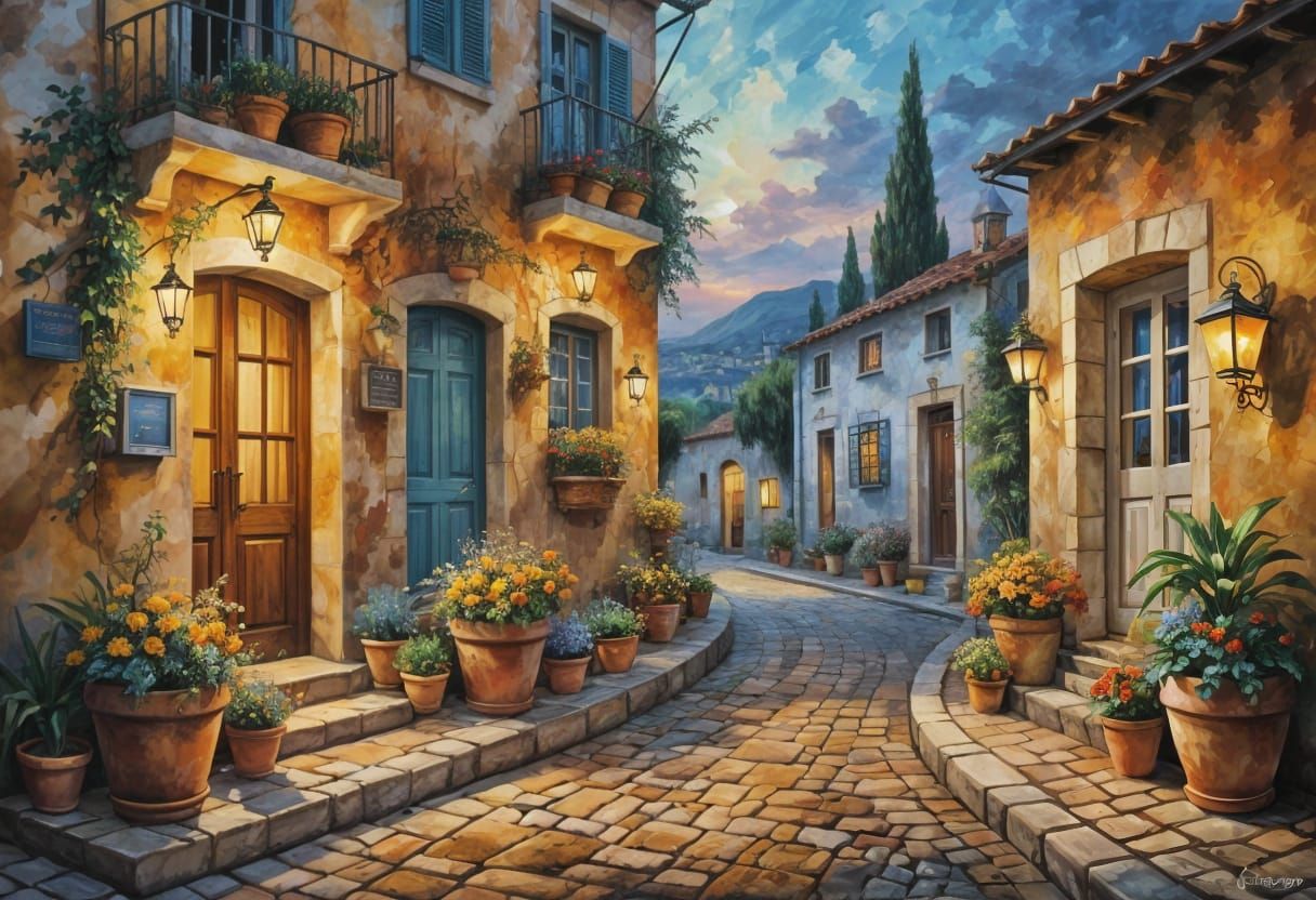 Mediterranean Courtyard Painting in Watercolor Style