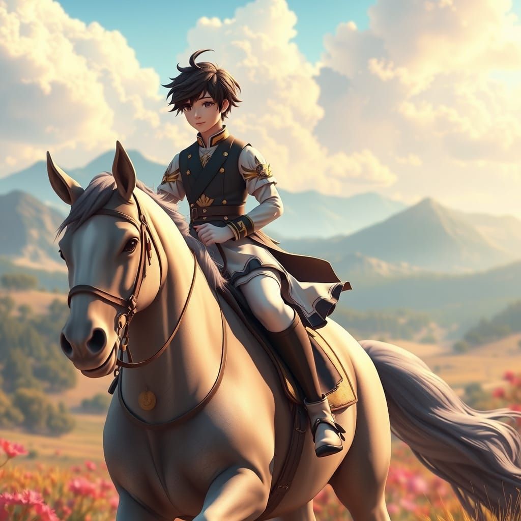 Youthful Rider on Horseback in Anime Style