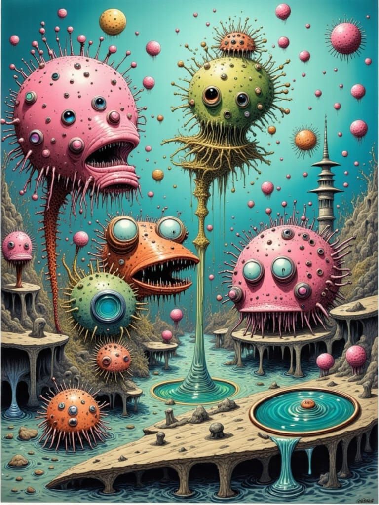 Axolotl Bats and Krill Droids in Surreal Underwater Scene