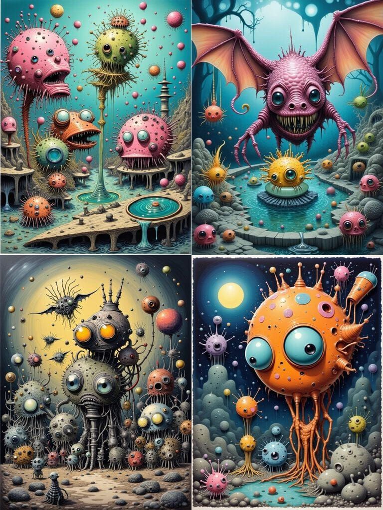 Axolotl Bats and Krill Droids in Surreal Underwater Scene