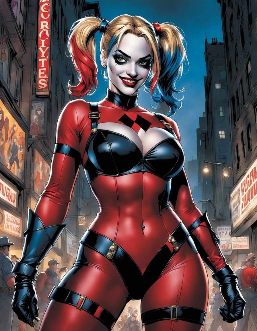Seductive Harley Quinn in Bold Comic Book Style