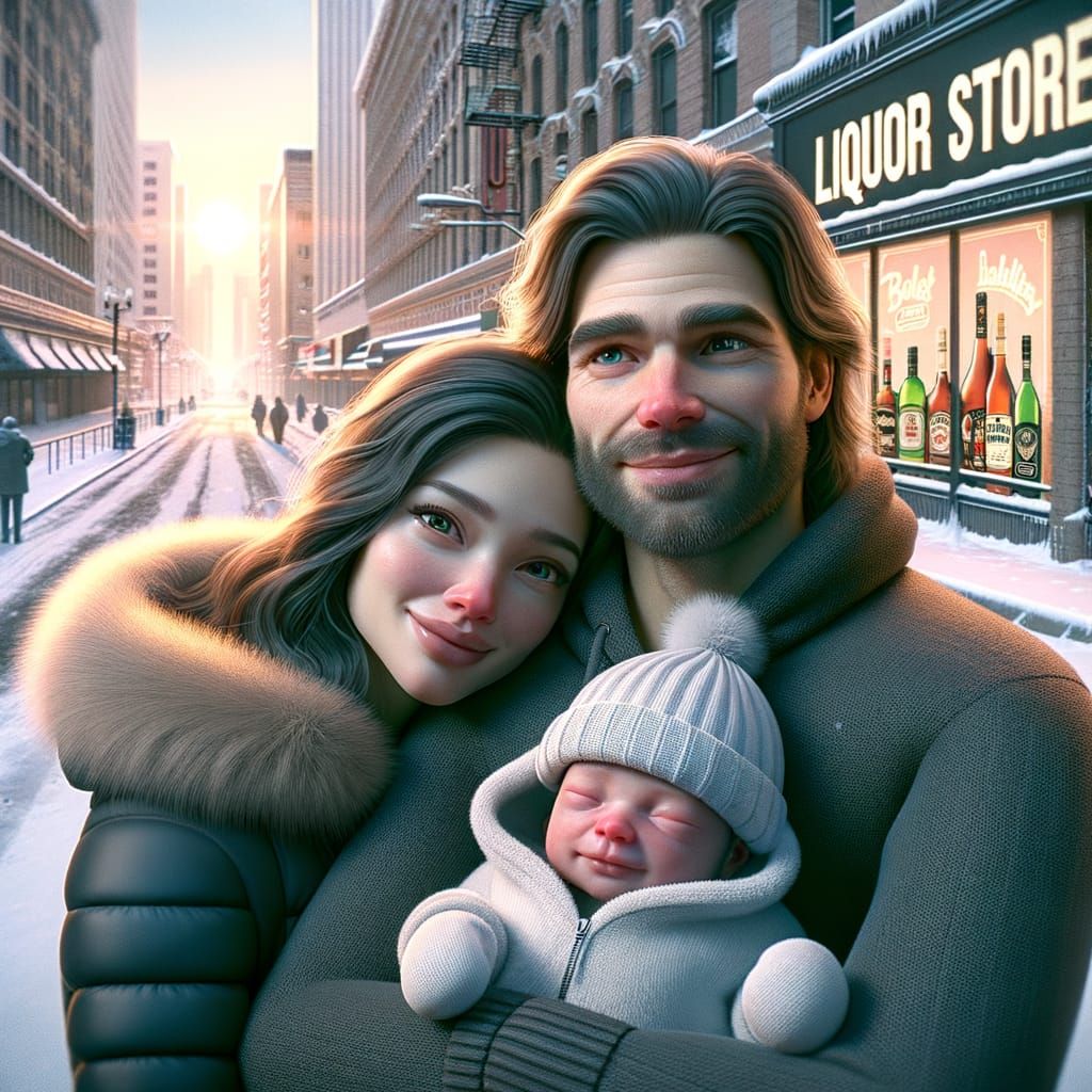 Couple and Newborn Brave Chicago Cold for Black Friday