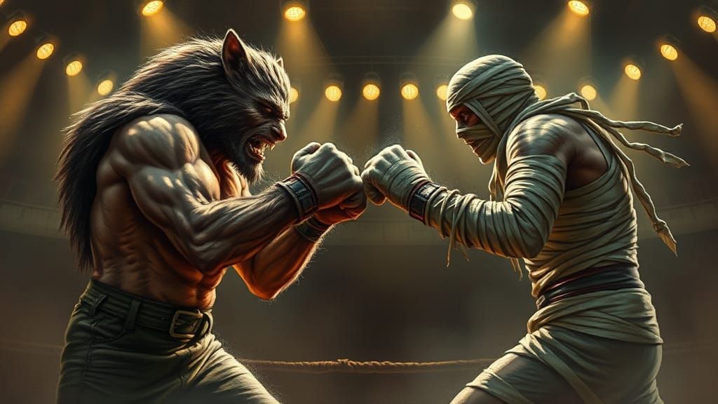 Wolfman vs Mummy Boxing Match in Pulp Style