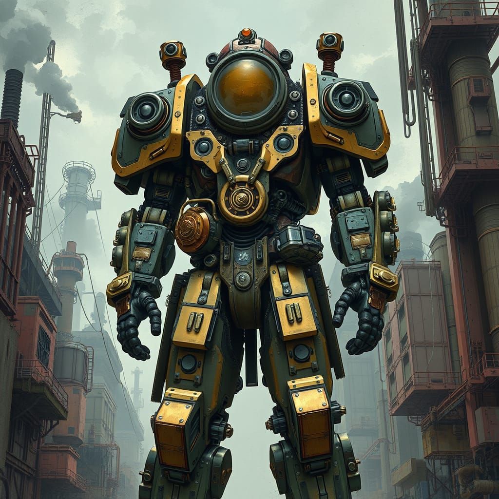 Steam-Powered Exosuit in Dystopian Industrial Setting