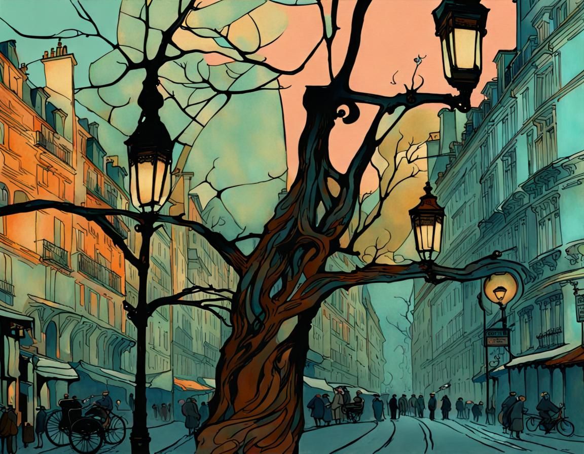 Charming Paris Street Scene in Art Nouveau Style