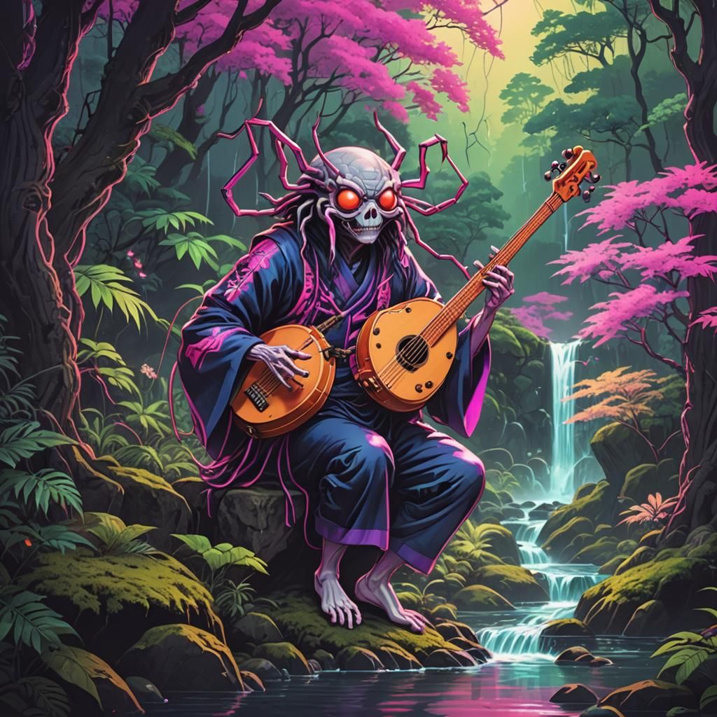 Synthwave Spider Yokai Musician in Neon Forest