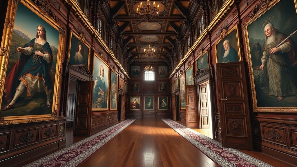 Medieval Castle Hallway with Richly Decorated Walls and Open...
