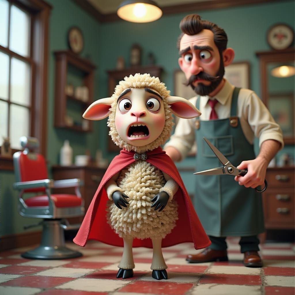 Nervous Lamb's Barber Shop Visit in Pixar Style