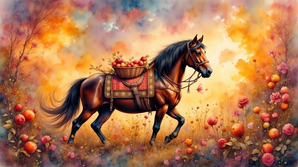 Clydesdale Horse with Apples at Sunset in Watercolor Style