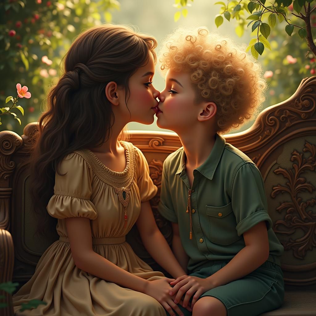 Kissing Couple in Lush Garden: Fantastical Matte Painting
