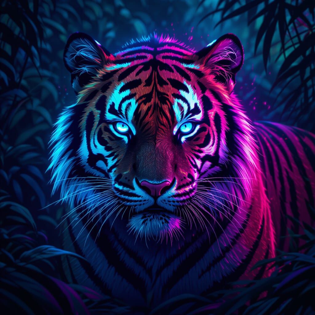 Neon Tiger in Dark Jungle: Futuristic Digital Art