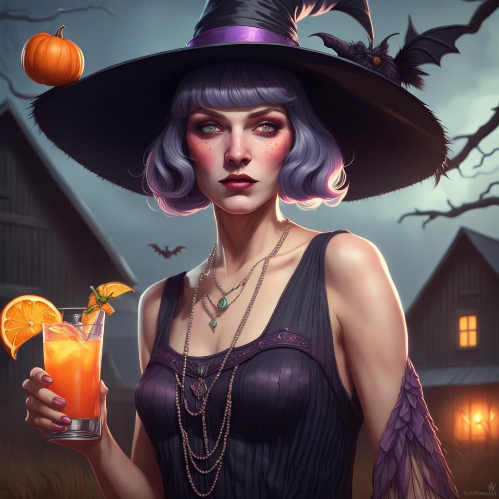 Flapper Witch Cocktail Portrait in Art Nouveau Style