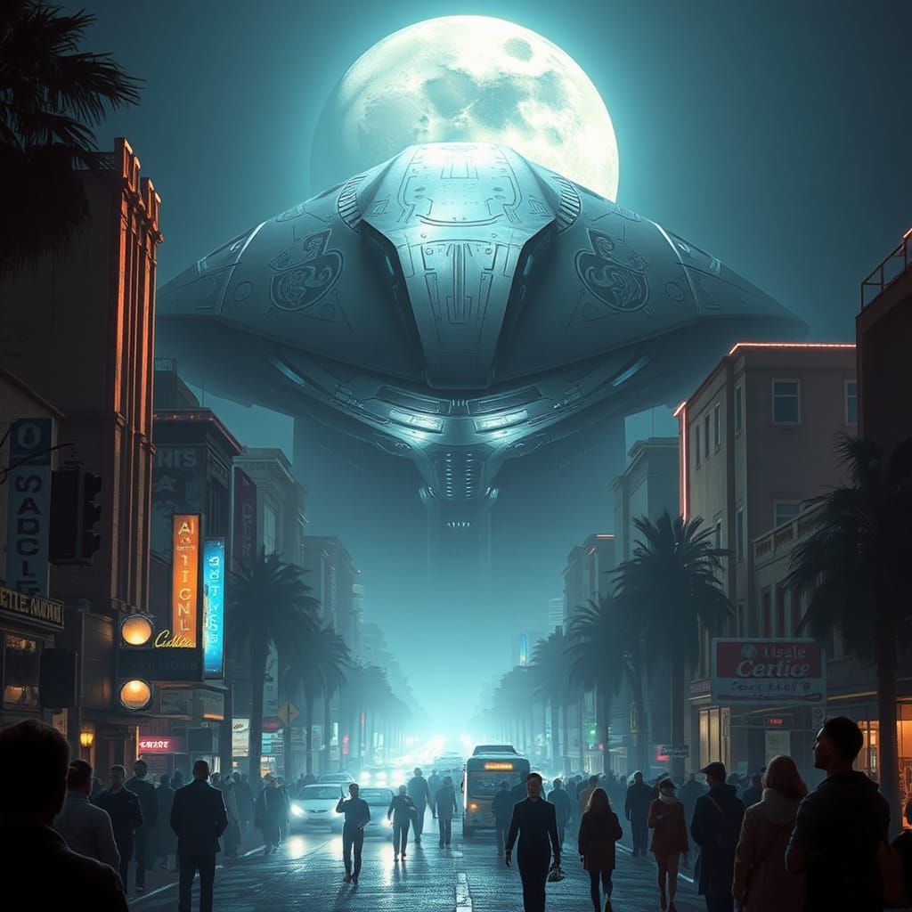 Los Angeles Gawks at Alien Spaceship in Syd Mead Style