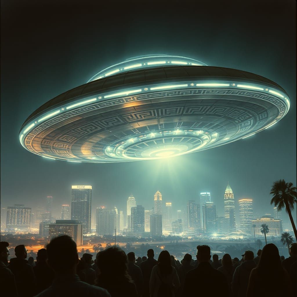 Silver Spaceship Hovers Over Los Angeles Skyline