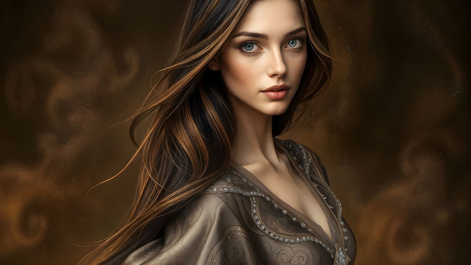 Enchanting Surreal Beauty with Whimsical Brown Hair and Gown