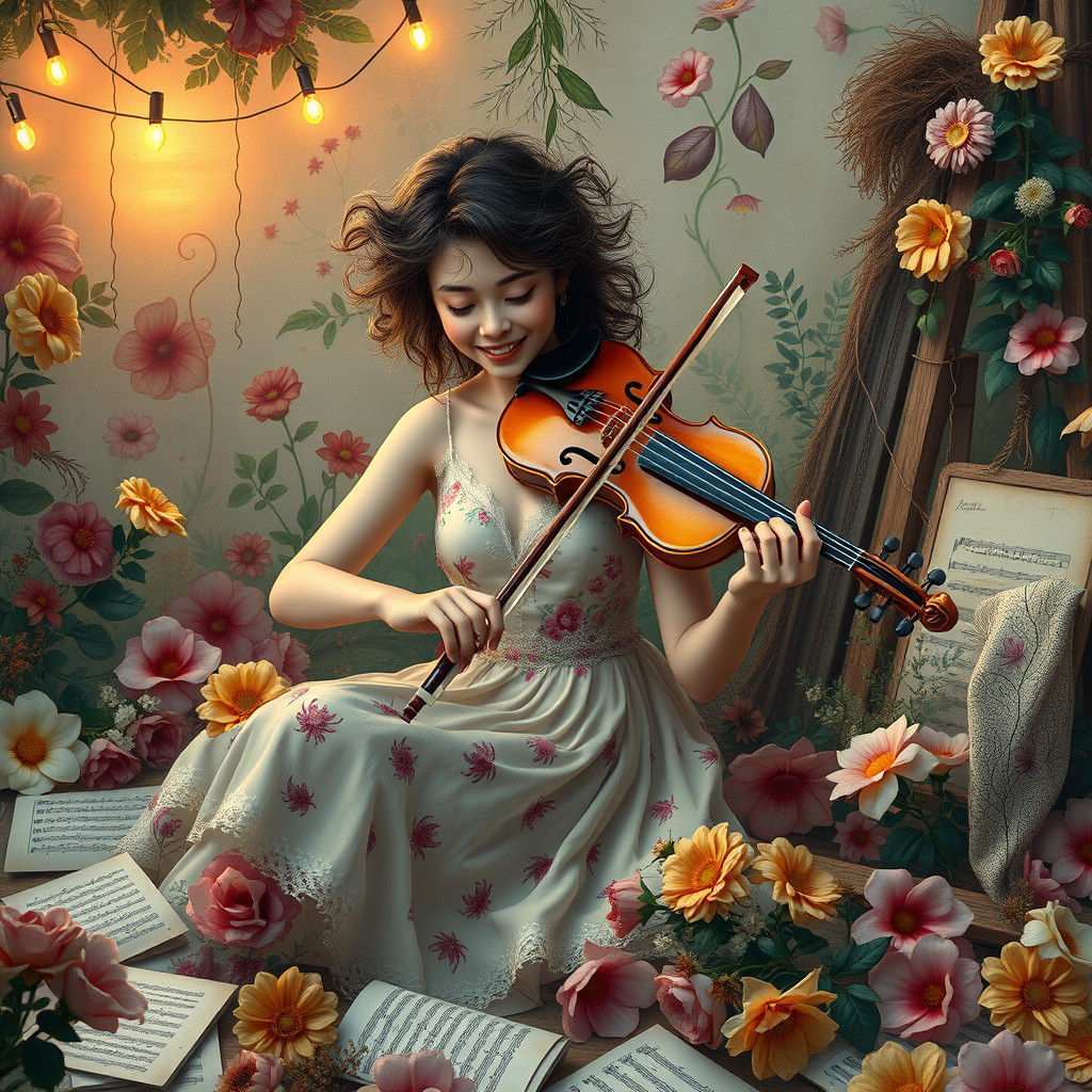 Harmonious Reverie: Woman and Violin in Floral Artscape