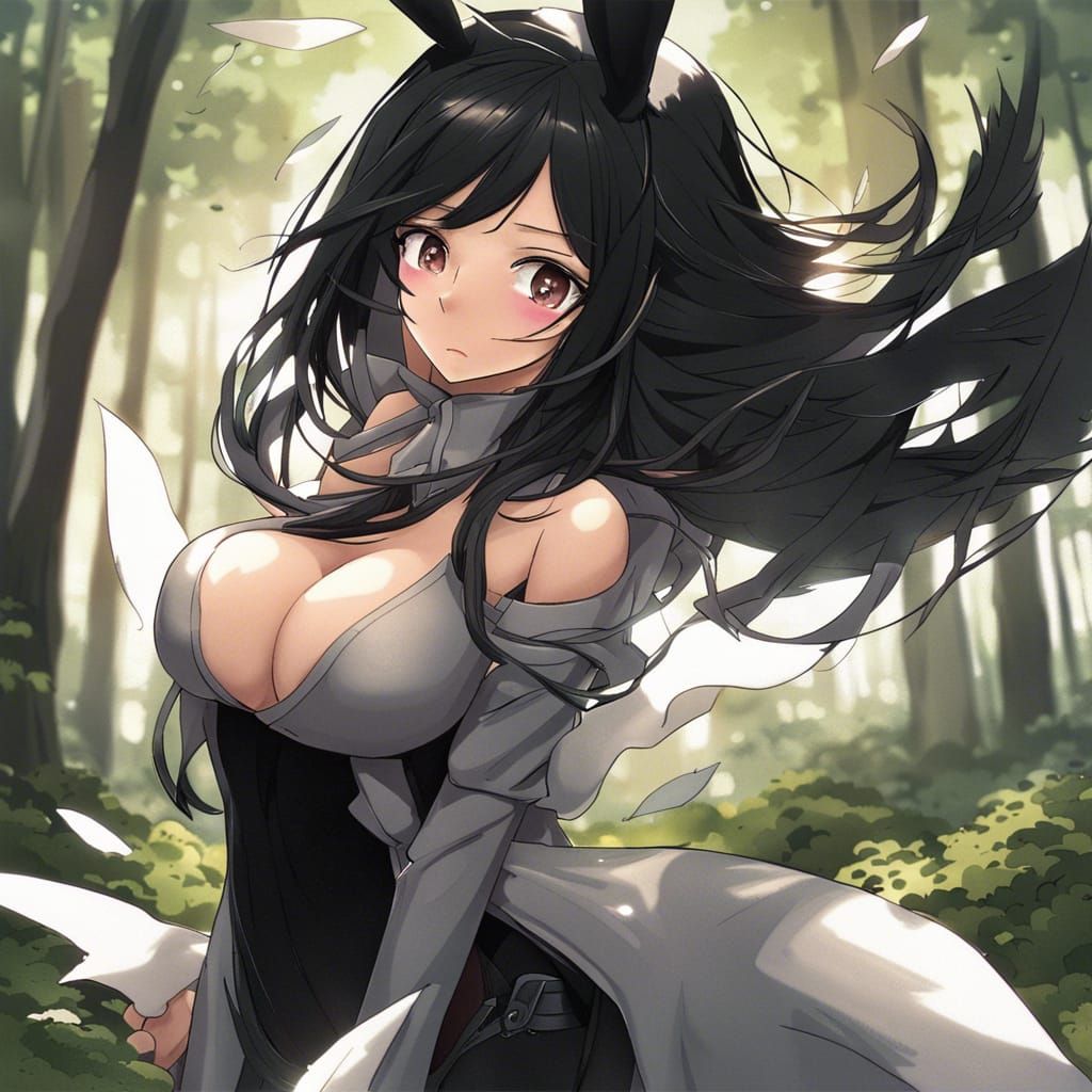 Anime Woman with Rabbit Ears in Forest