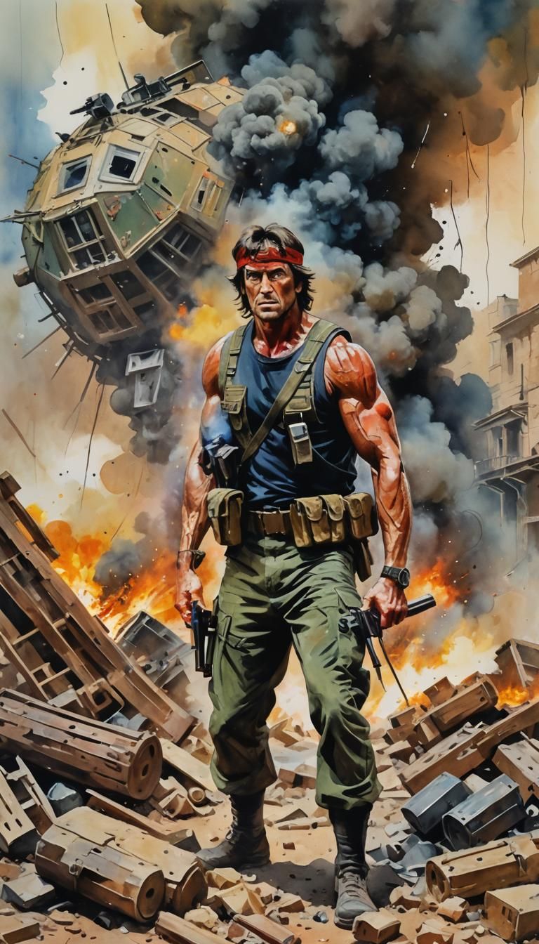 Rambo Defuses Bomb: Gouache and Watercolor Impressionism