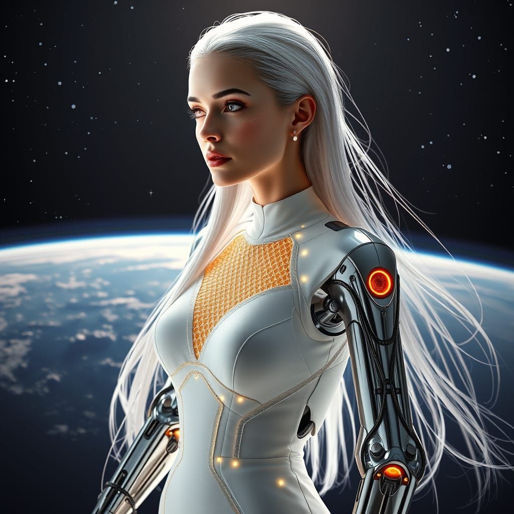 Futuristic Woman in Space with Bionic Arms