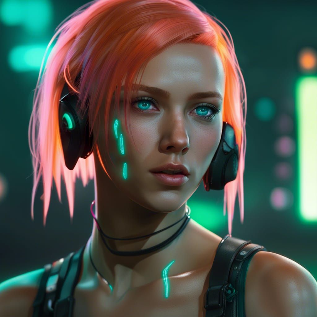 Cyberpunk Girl with Peach Hair and Teal Eyes