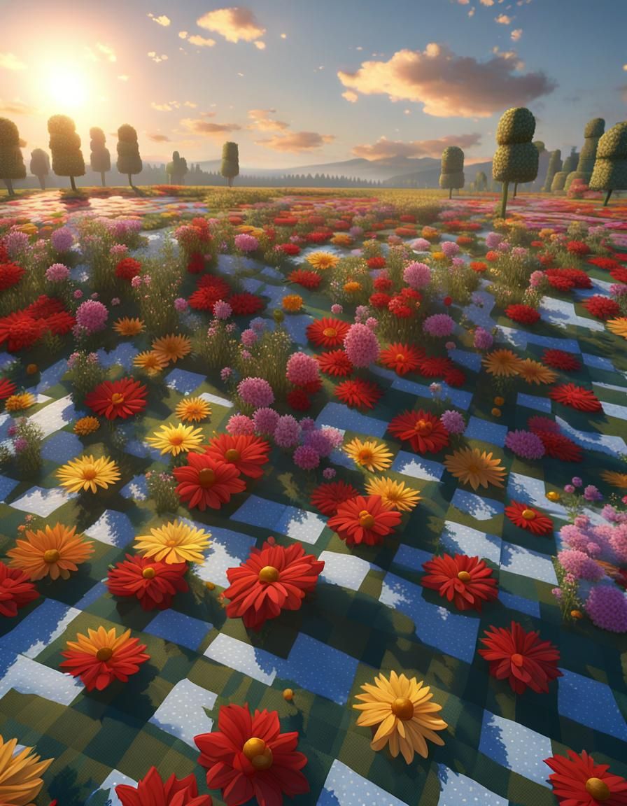 Surreal Checkered Flower Field at Sunset