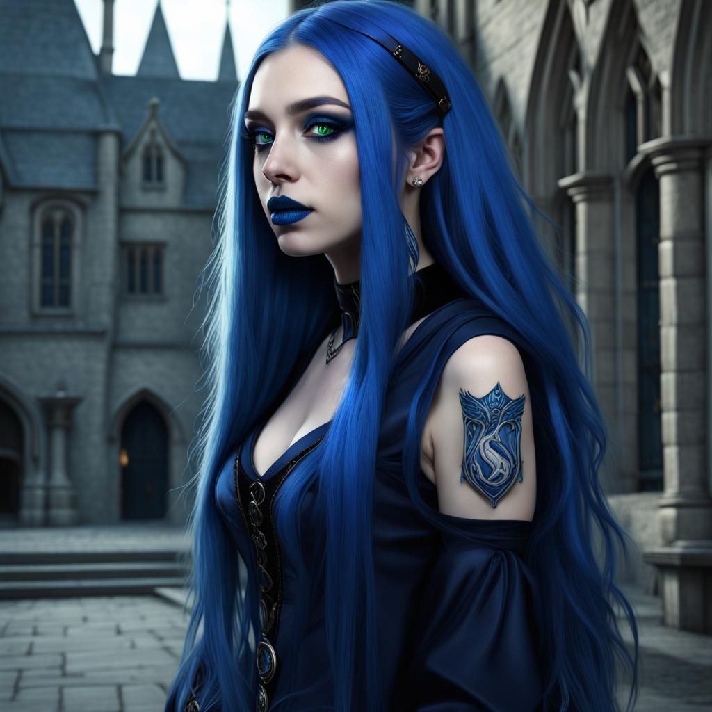 Ravenclaw student at Hogwarts with long cobalt blue hair with Electric blue streaks& green eyes& black eyeshadow with bl...
