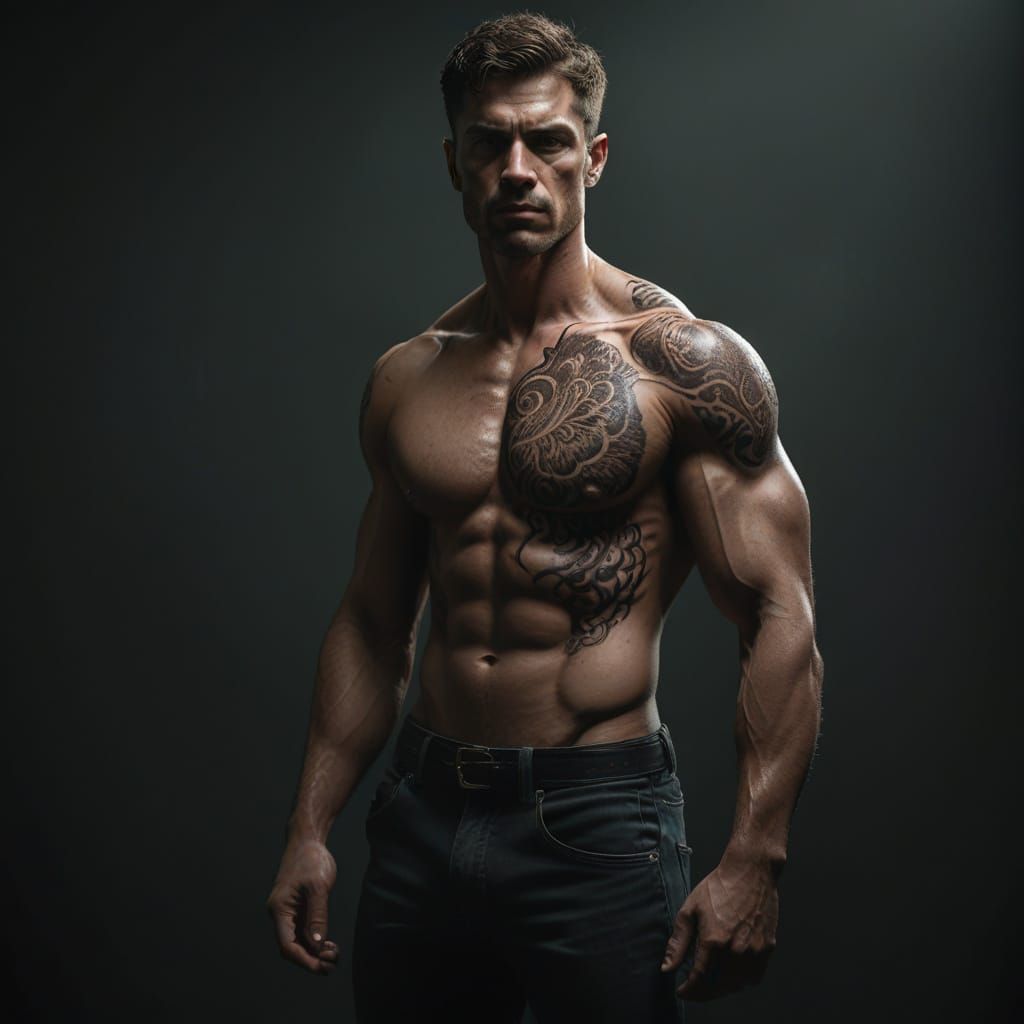 Hyper-Realistic Digital Art of a Muscular Male with Intricat...