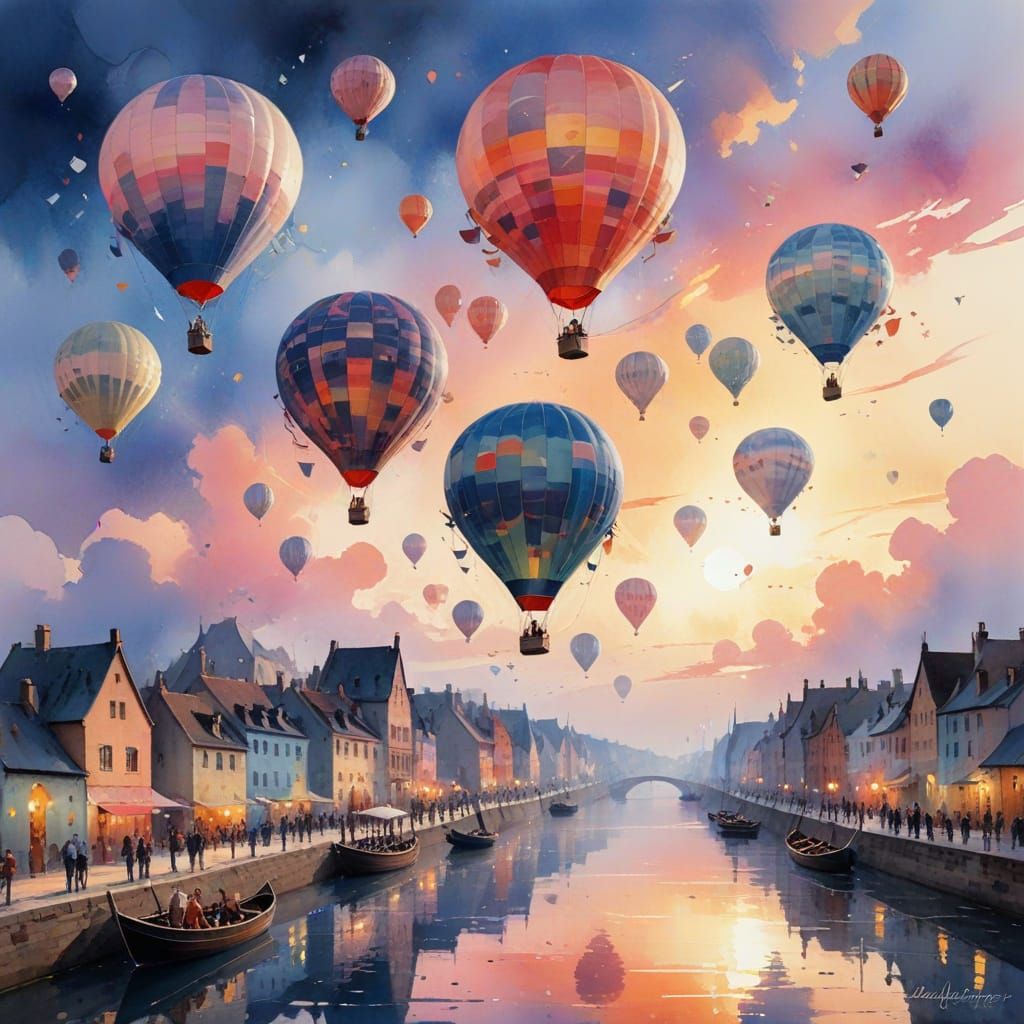 Surreal Hot Air Balloons Soar in Pastel Dreamscapes