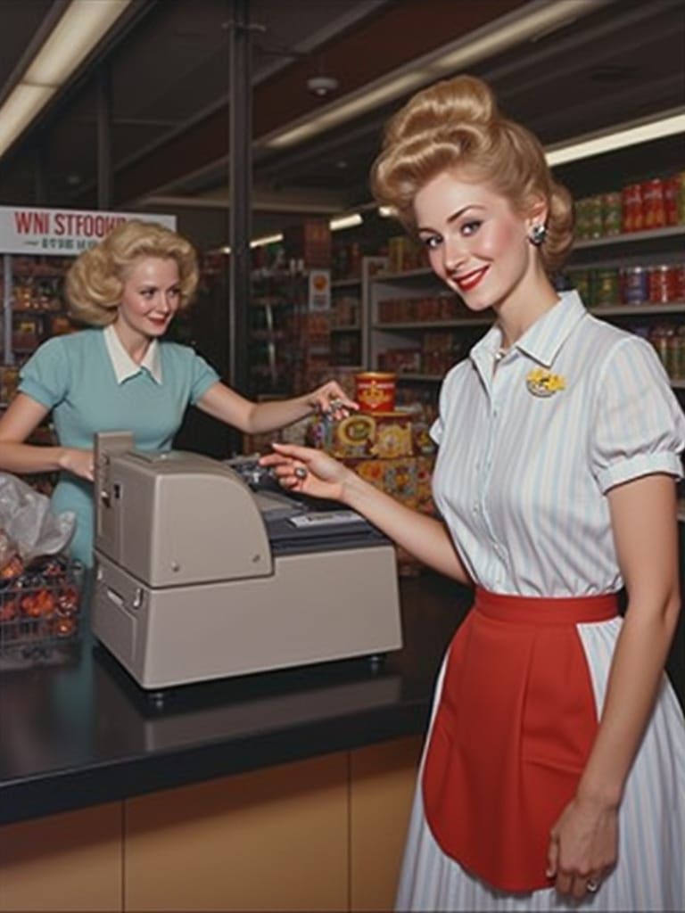 Retro Supermarket Scene in Norman Rockwell Style