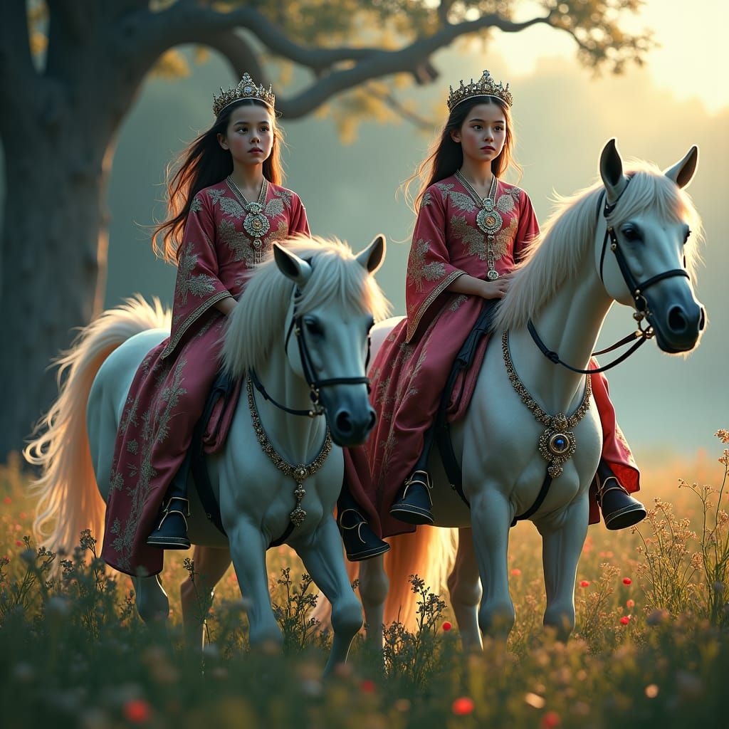 Girls on Horses in Fantasy Meadow, Digital Art