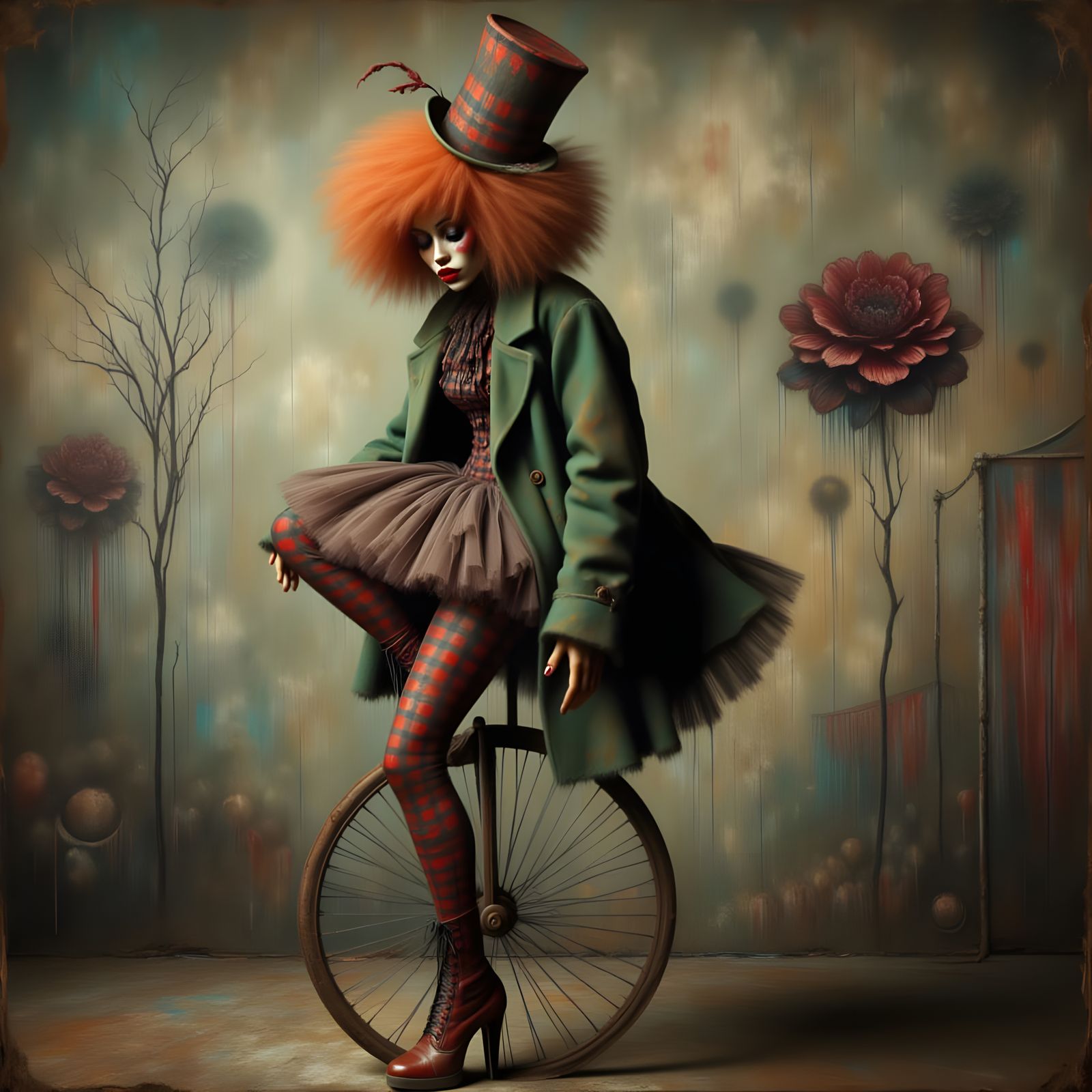 Sad Clown on Unicycle in Circus Noir Style