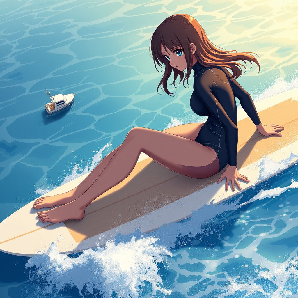 Giant Surfer on Ocean as Cel-Shaded Art