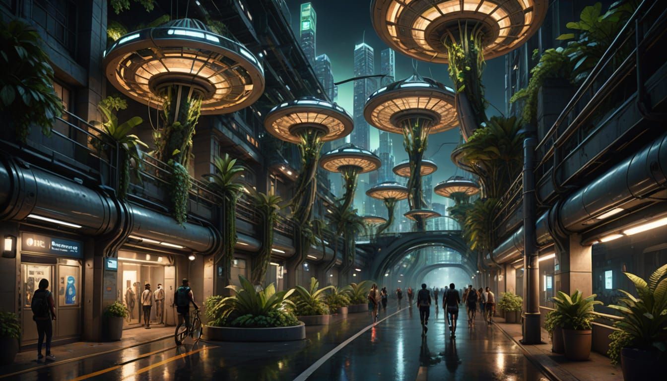 Futuristic City at Night: Sun-Wheels, Glowing Pods & Aerial ...