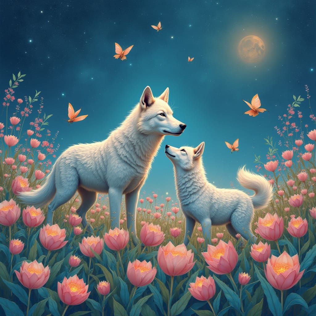 Regal Wolf Family in Vibrant Origami Garden Under Starlit Sk...