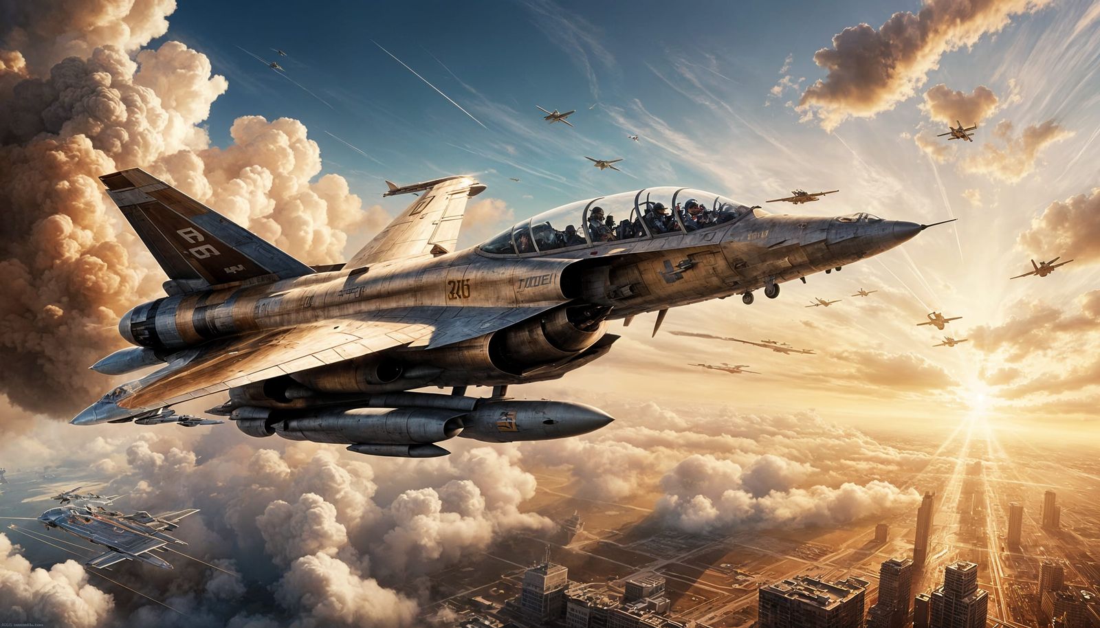 Hyperrealistic Fighter Jet in Golden Hour Action Scene