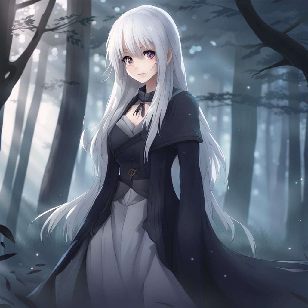 Silver-Haired Anime Spirit in Gothic Forest